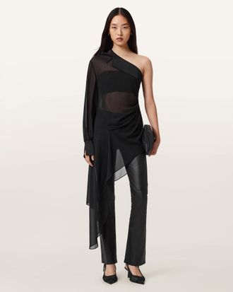 AllSaints Polyester Anaya Asymmetric Sheer Top, Size: UK 14/US 10