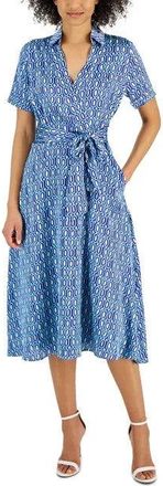 Tahari by ASL Midi Shirt Dress Womens Blue Printed Short Sleeve Tie Waist FTS1361