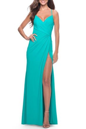La Femme Long Jersey Versatile Dress with Ruched Zipper in Aqua at Nordstrom, Size 00