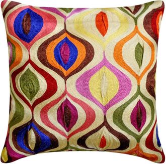 OEM Funda De Almohada Color Marfil De 20x20 Pulgadas, Con Estampado Geom&eacute;trico Bordado Multicolor, De Seda Disponible En Varios Colores