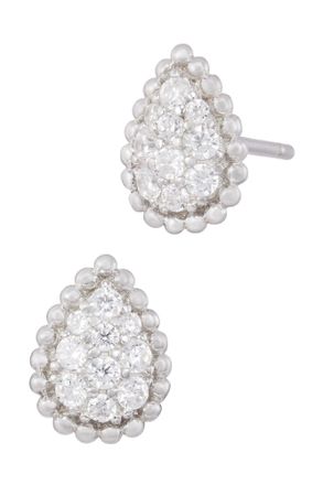 Savvy Cie Jewels RHODIUM PLATED PEAR SHAPED PAVE WHITE CZ STUD EARRINGS