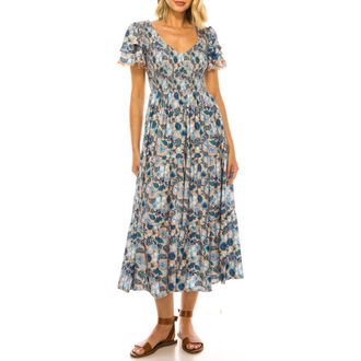 A Collective Story Floral Print Flutter Sleeve Midi Dress in Hazelnut at Nordstrom, Size X-Large