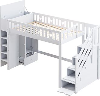 STILVORA Cama Alta Individual Con Escalera De Almacenaje, Estantes Y Armario Abatible 90&times;200 Cm, Sin Colch&oacute;n