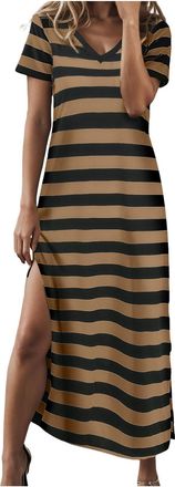 Generic Summer Dress for Women Casual Fashion Stripe Short Sleeve V-Neck T Shirt Long Color Block Side Slit Loose Beach Activewear Maxi Dresses (01-Khaki, XXL