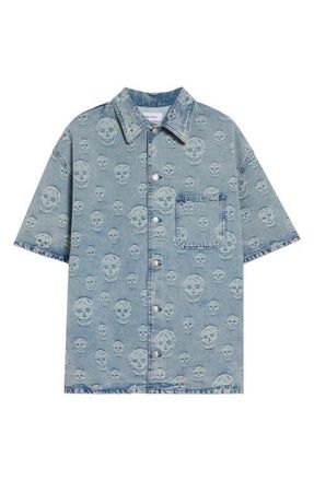 Alexander McQueen Skull Print Short Sleeve Denim Button-Up Shirt in Sapphire at Nordstrom, Size 42 Us