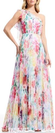 Dress The Population Leandra One-Shoulder Chiffon Gown in Ivory Multi at Nordstrom, Size Xx-Small