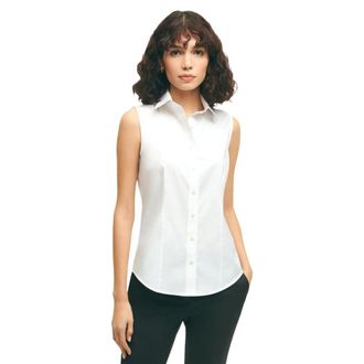 Brooks Brothers Fitted Non-Iron Stretch Supima Katoen Mouwloze Blouse - Dames - Tops zonder mouwen - Wit - 2XS - Katoen - Tops