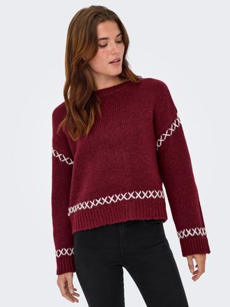 Only Rundhalspullover ONLY ONLAMANDA LIFE LS O-NECK DETAIL CC KNT, Damen, Gr. XS, cabernet detail:cloud dancer, Strick, Obermaterial: 77% Polyester, 23% Po