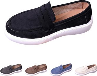 Generic Women Platform Slip On Loafers Comfortable Suede Wide Low Top Casual Shoes Fashion Round Toe Chunky Loafer Ladies Work Driving Walking Shoes Indoor Ou