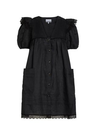Ganni Lace-trimmed Linen Mini Dress - Black - 38 (UK10 / S)