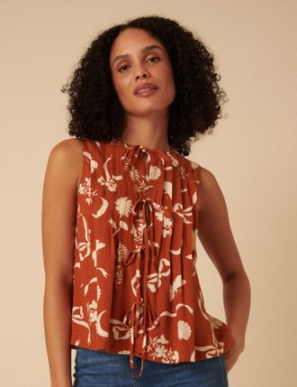 Nobody's Child Brown Printed Linen-blend Pleated Top