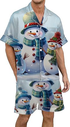 Generic Mens Christmas Printed Silk Satin Pajama Set Short Sleeve Button Up Wear Comfortable Holiday Nightwear for Festive Season (White, XL)