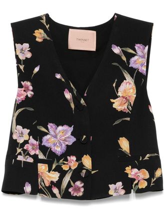 Twin-Set floral-print waistcoat - women - Polyester/Viscose - 44 - Black