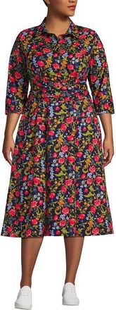 Lands End Poplin Midi Wrap Front Dress in Deep Sea Poppy Floral at Nordstrom, Size 18W