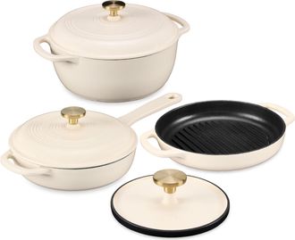 Best Choice Products 6-Piece Enameled Cast Iron Cookware Set, 6QT Dutch Oven W/ Lid, 2QT Skillet W/ Lid, Grill Pan, Grill Press