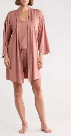 Danskin Scalloped Jersey Robe, Camisole & Shorts Set in Copper Wood at Nordstrom Rack, Size X-Large