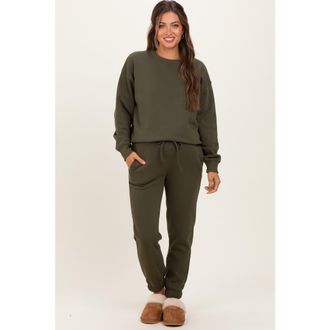 Pinkblush Fleece Long Sleeve Pullover & Jogger Set in Olive Green at Nordstrom, Size X-Large