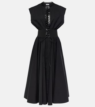 Alaia Ala&iuml;a Leather-trimmed cotton maxi dress