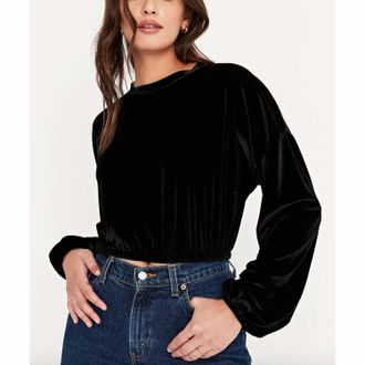 Bloomingdale's Keep Rolling Velvet Long Sleeve Top In Black