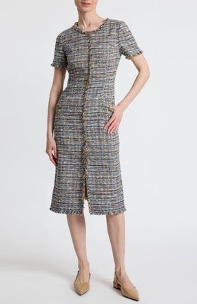 Santorelli Nisha Short Sleeve Midi Sheath Tweed Dress in Indigo at Nordstrom, Size 14