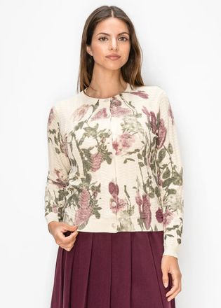 YAL New York Button-Front Floral Cardigan, Cream Textured Knit
