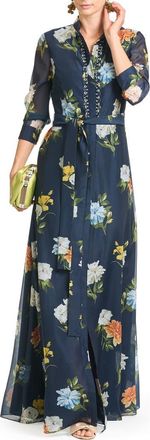 Sachin & Babi Addison Embellished Tie Waist Gown in Navy Wildlfowers at Nordstrom, Size 12