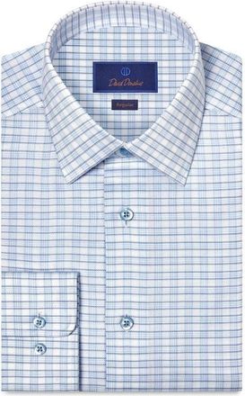 David Donahue Regular Fit Check Cotton Dobby Dress Shirt in White/Blue at Nordstrom, Size 17.5 - 34