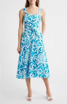 Tahari by ASL Grommet Tie Belt Midi Dress in Blue Jewel Ivory at Nordstrom, Size 12