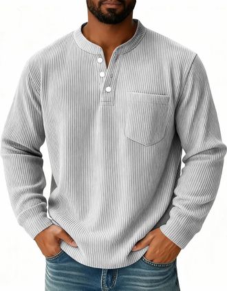 Generic Corduroy shirts Henley collar Mens Waffle Sweatshirt with Pocket V-Neck Button Up Flap Pockets Everyday Wear Classic Thickened White L