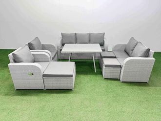 Fimous Outdoor Rectangular Table Sofa Set with Reclining Chair 3 Stool in Light Grey