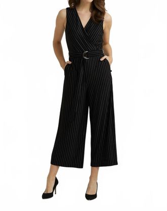 Joseph Ribkoff Sash Belt Pinstripe Jumpsuit In Black/vanilla