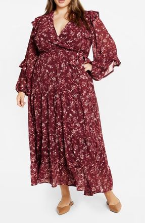 City Chic Arielle Ruffle Long Sleeve Maxi Dress in Red Floral at Nordstrom, Size Xxs