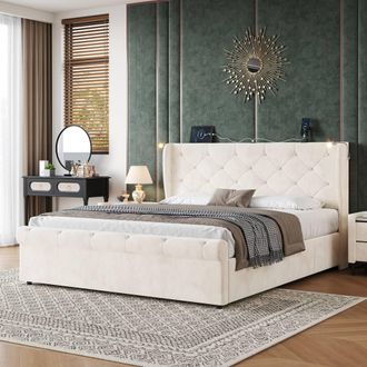 Merax Velvet 4ft6 Double Ottoman Storage Bed with Reading Light in Beige