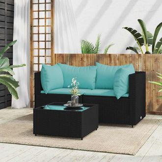 vidaXL Set De Muebles De Jard&iacute;n 3 Pzas Y Cojines Rat&aacute;n Sint&eacute;tico Negro Vidaxl