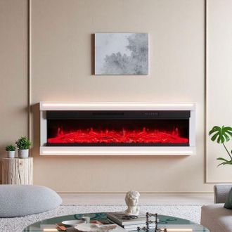 OEM Chimenea El&eacute;ctrica De Pared 50 Pulgadas - Efecto Llama 12c Y Led Rgb - Calefacci&oacute;n 750w/1500w, Control Remoto - Blanco Brillante