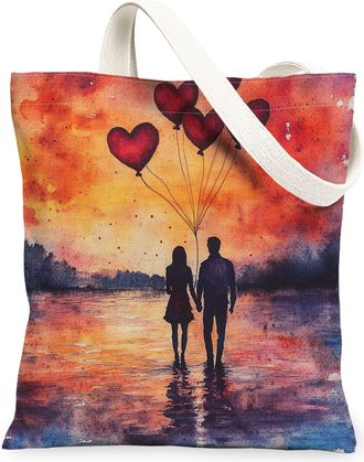 Generic Romantic Valentines Day Canvas Tote Bag for Shopping 13x15, African American Couple Love Reusable Grocery Print Bag for Women, Fun Lover Beach Aesthet
