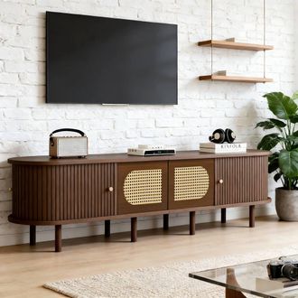 Matteo Dark Walnut Oval TV Stand with Rattan Doors - Lowboard Media Cabinet