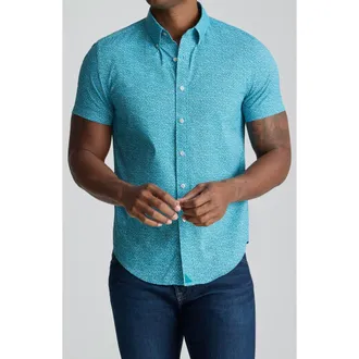 UNTUCKit Halloway Floral Short Sleeve Performance Button-Down Shirt in Navy Teal at Nordstrom, Size Medium