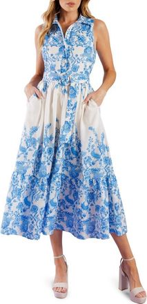 Flying Tomato Floral Sleeveless Belted Shirtdress in Ivory Blue at Nordstrom Rack, Size X-Small