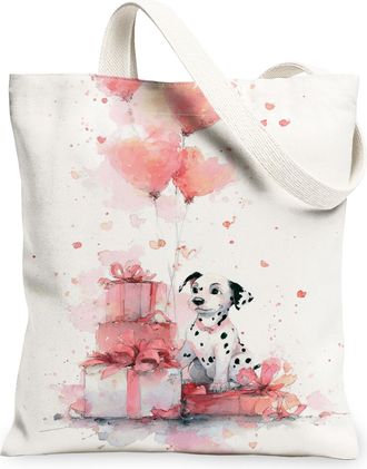 Generic Dog Floral Canvas Tote Bags, Cute Puppy Pattern Reusable Grocery Bags, Spring Fanciful Lightweight Washable Shoulder Strap, White, 13x15 Inch