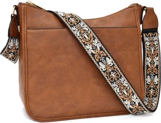 Generic Womens Crossbody Shoulder Bag, Brown PU Leather with Adjustable Wide Decorative Strap, Multiple Pockets, Retro Style Handbag (Brown)