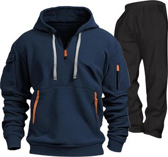 Generic Mens Tracksuits 2 Piece Casual Outfits Quarter Zip Pullover Hoodie Jogging Bottom Suit Hooded Sweatshirt Joggers Sweatpants Sweatsuit Set Navy