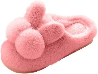 Generic Womens Cute Bunny Faux Fur Slippers Comfy Indoor Outdoor House Shoes with Fluffy Pom-Pom Design, Warm Cozy Bed Home Footwear,Hot Pink,7.5 UK