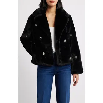 CeCe by Cynthia Steffe Rhinestone Button Faux Fur Jacket in Black at Nordstrom, Size X-Large