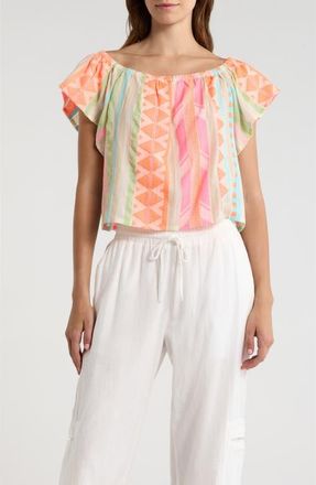Elan Ruffle Off the Shoulder Top in Neon Aztec at Nordstrom, Size X-Large