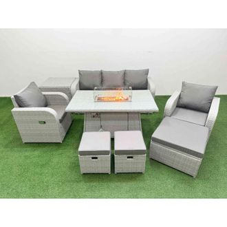 Fimous Pe Rattan Garden Furniture Set Reclining Chair Sofa Lounge Sofa Set Firepit Dining Table Side Table 3 Stools Light Grey - Fimous
