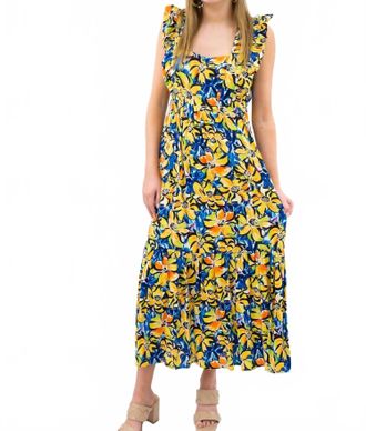 Skies Are Blue Clothing Tiered And Tyed For Spring Midi Dress In Blue Yellow Floral