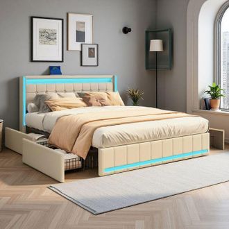 OEM Estructura De Cama Doble 140x190 Cm, Led, Usb, Escandinava, Lino, 140x190 Cm, Beige
