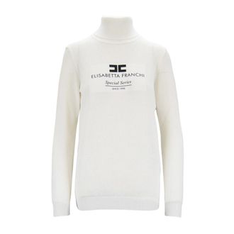 Elisabetta Franchi Chique Trui met Hoge Hals en Logo - Dames - Coltruien - Wit - XL - Polyester - Truien & Vesten