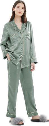 LilySilk 22MM Gold Piping Silk Pyjamas Set For Women Luxurious Sleepwears Ladies Long Sleeves Full Length Set Breathable Pjs XS, Avocado Green